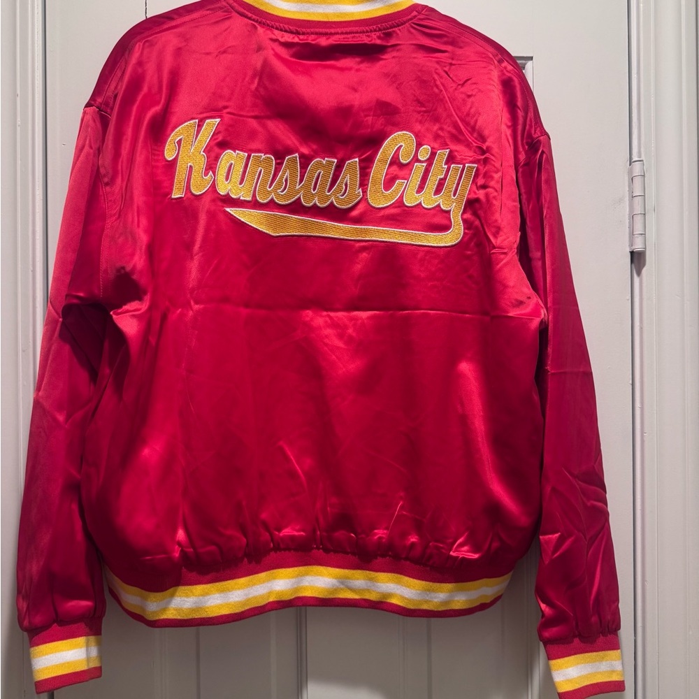Women’s Kansas City Chiefs Red Satin Varsity Jacket with Yellow Script Size S